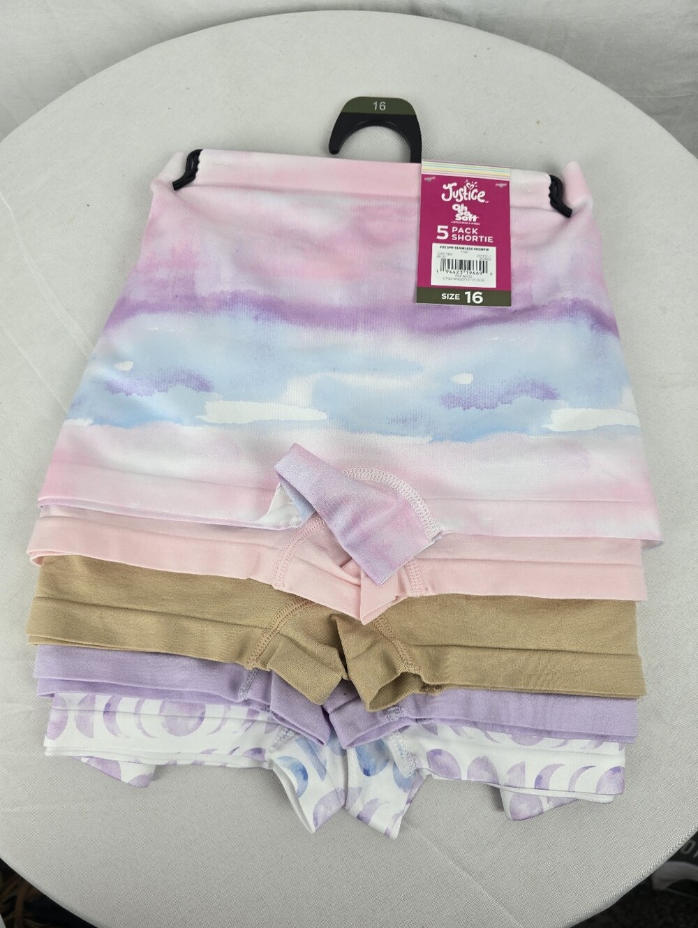 Justice Girls 5-Pack Shortie Underwear - Pastel Tie-Dye & Neutrals (Size 16)
